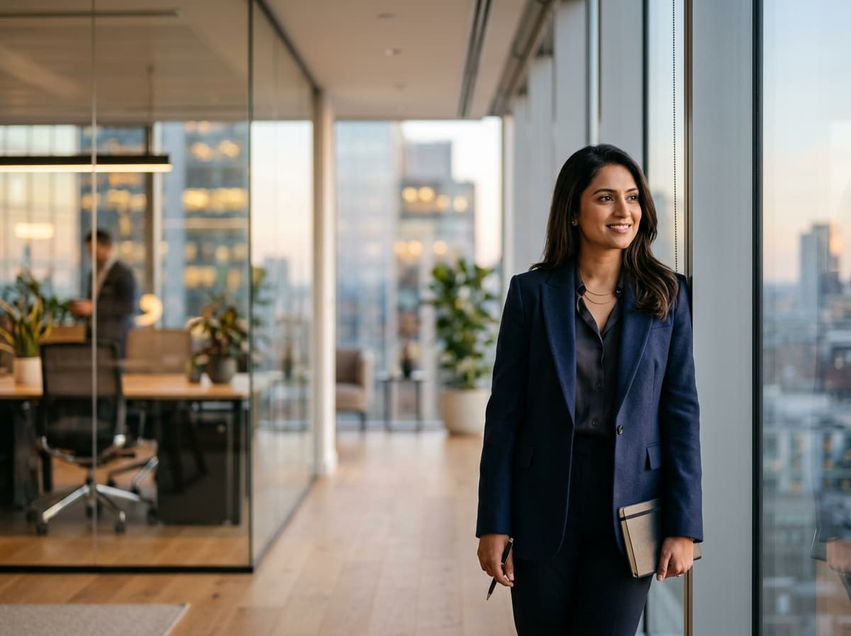 Confident South Asian professional woman in a modern consulting office looking out over city skyline